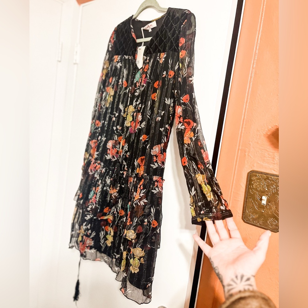 Derhy Floral Long Sleeve Ruffle A-Line midi Dress - Picture 2 of 9